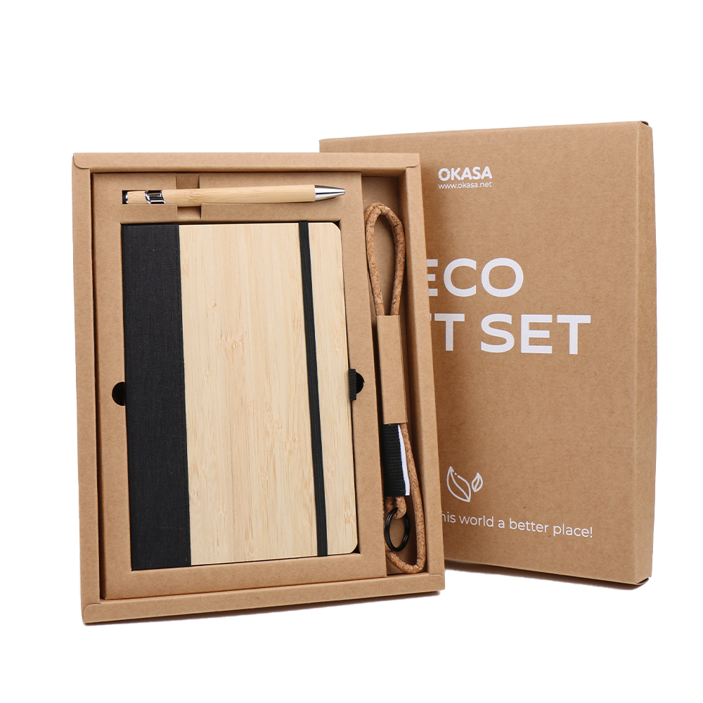 ECO gift box set includes bamboo pole ballpoint pen face splicing notebook cork lanyard