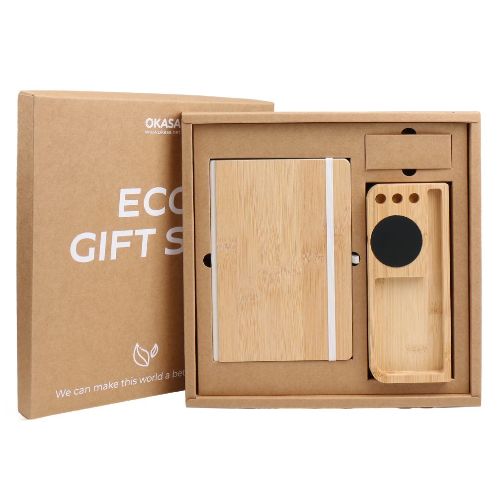 Custom promotion set ECO display box Bamboo notebook 3C wireless charging LED light set